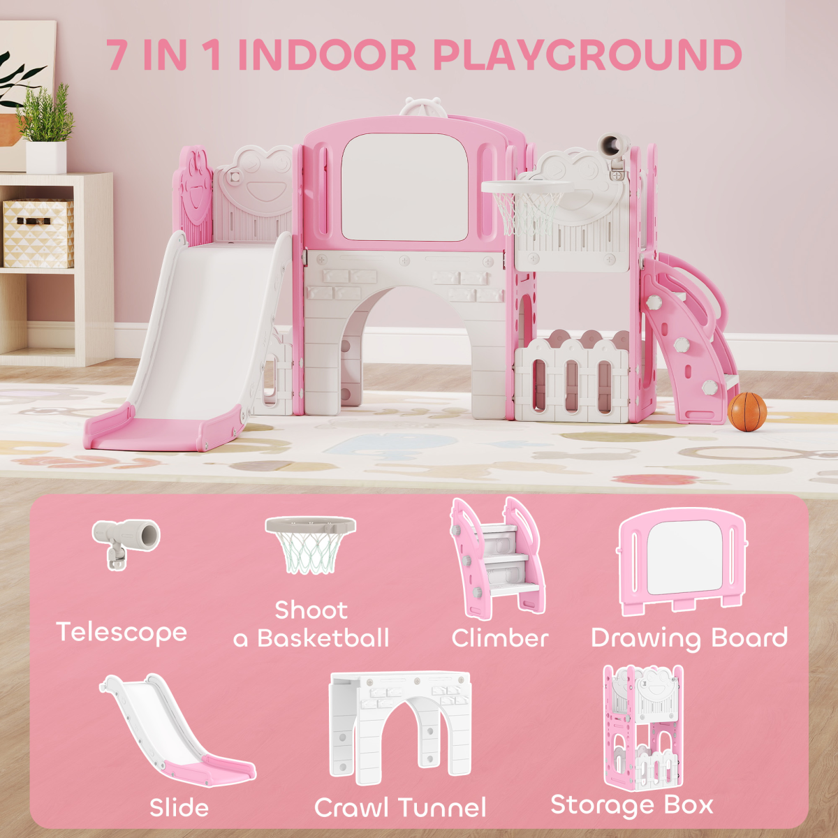 7-in-1 Kids Slide Set with Swing, Basketball Hoop, Telescope & Drawing Board – Indoor Play, Ages 1-3, Pink