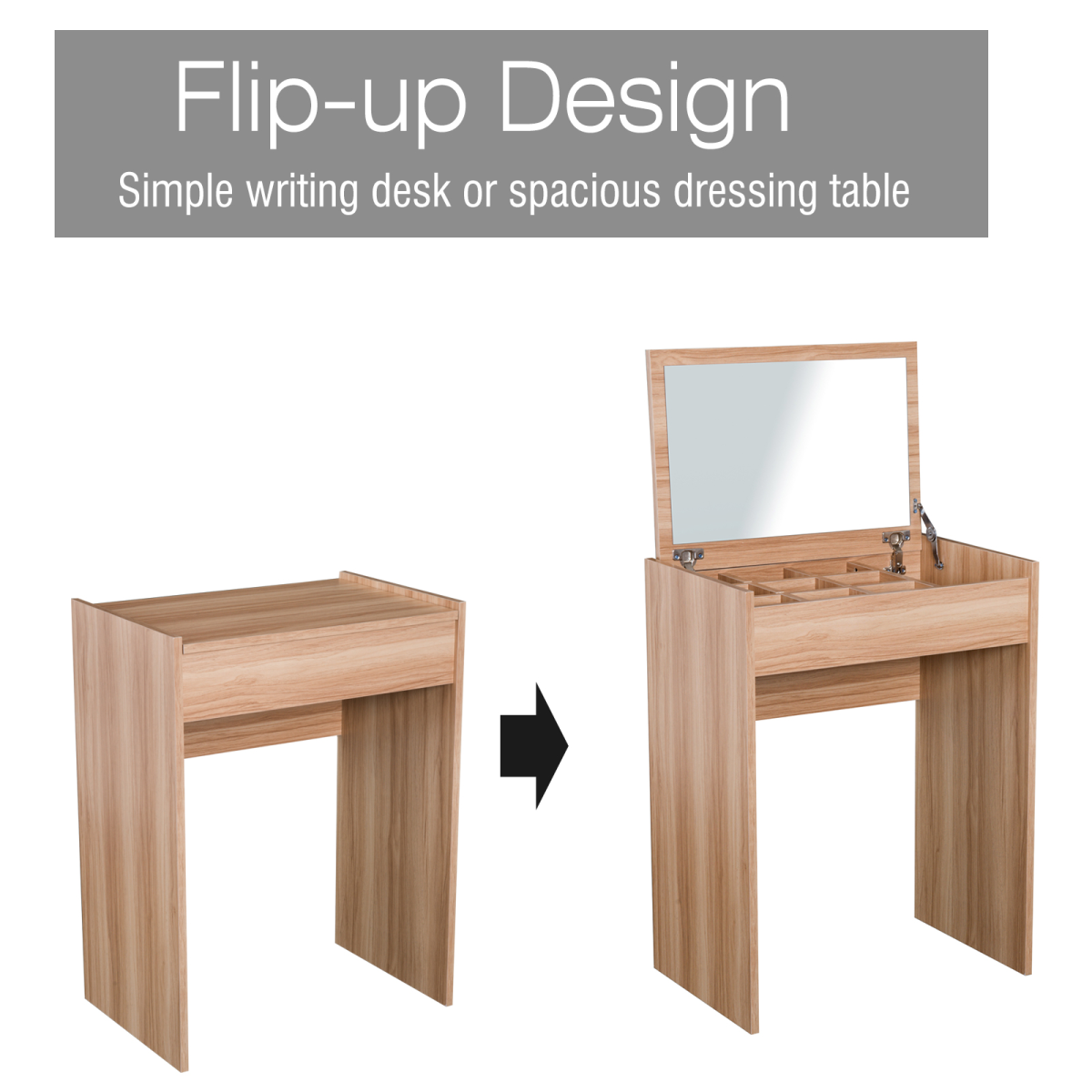 HOMCOM Dressing Table Set with Flip-Up Mirror and Padded Stool – Wood, Hidden Storage