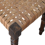 Artisan Furniture Solid Wood Woven Leather Top Footstool – Country Style Handcrafted Seat, Chestnut Finish, Brown