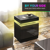 HOMCOM High Gloss Bedside Table with LED Light and 2 Drawers – Remote-Controlled Side Table, Black