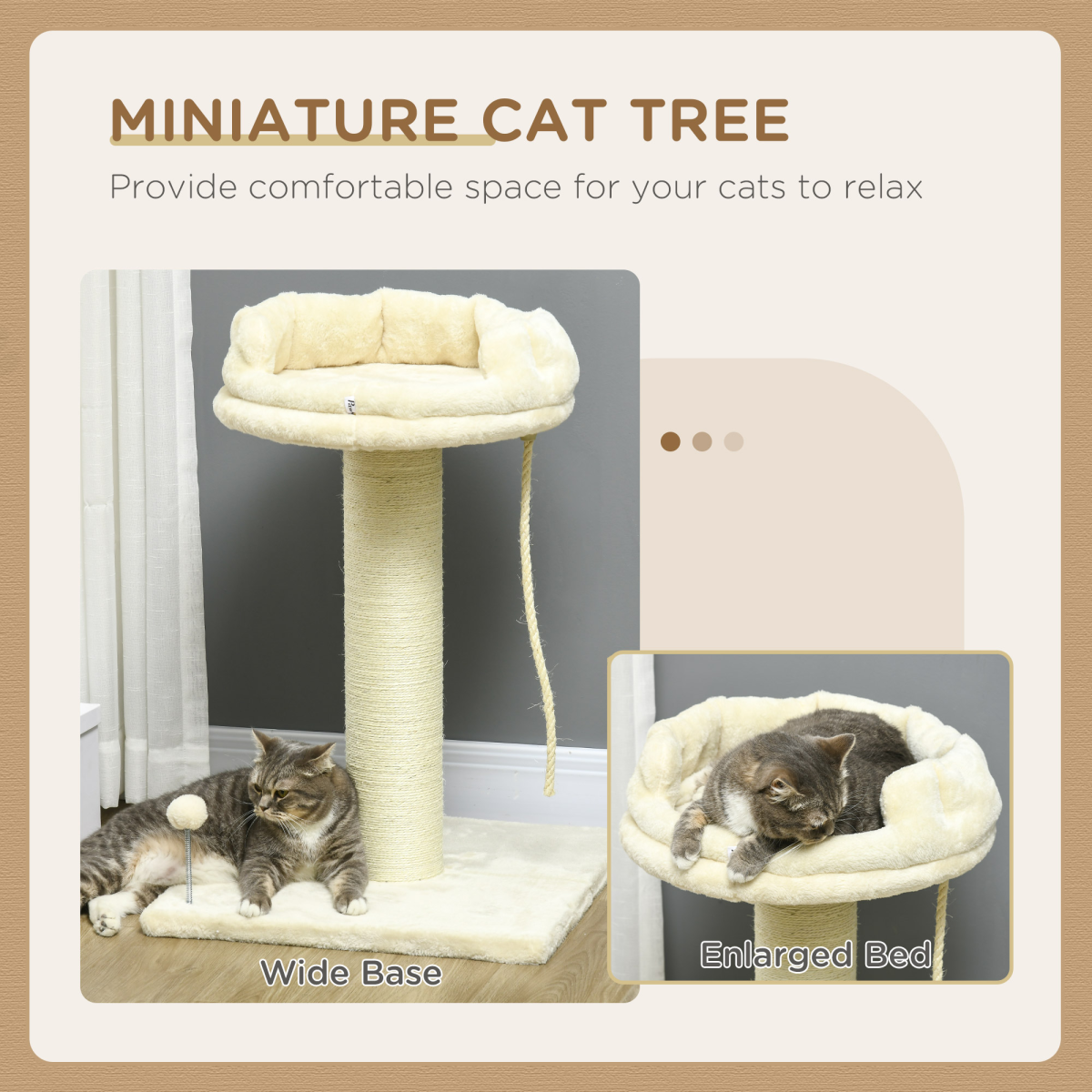 PawHut Cat Tree for Indoor Cats with Sisal Scratching Post & Spacious Bed – Kitten Climbing Tower, Cream