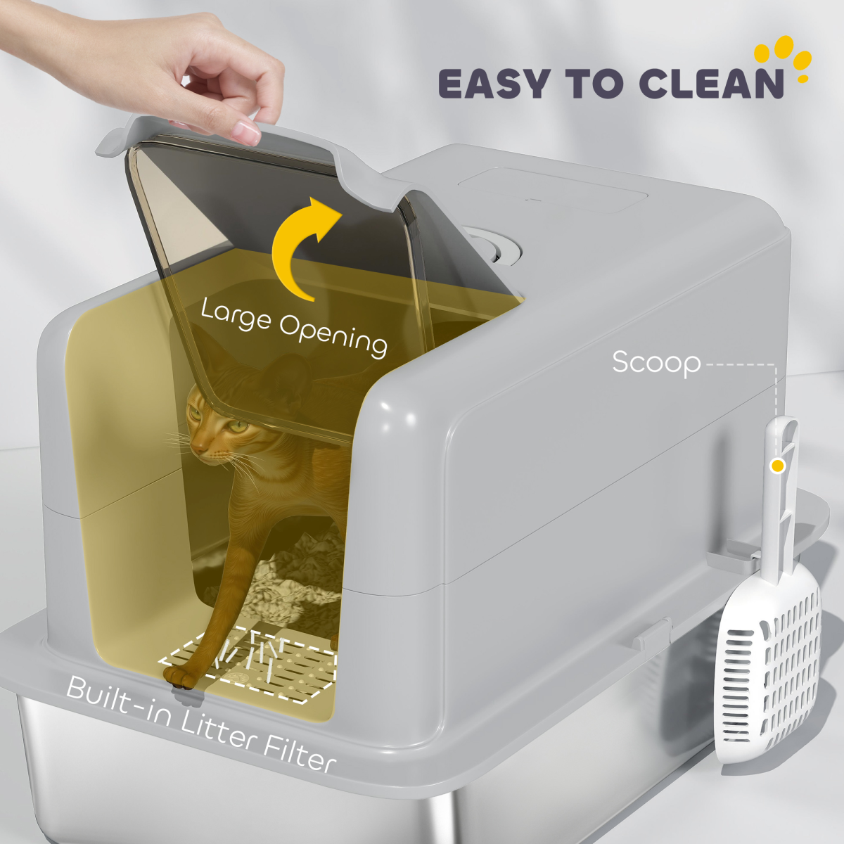 Cat Litter Box with Stainless Steel Tray, Sand Filter & Scoop – Odour Control Pet Toilet, Grey and Silver