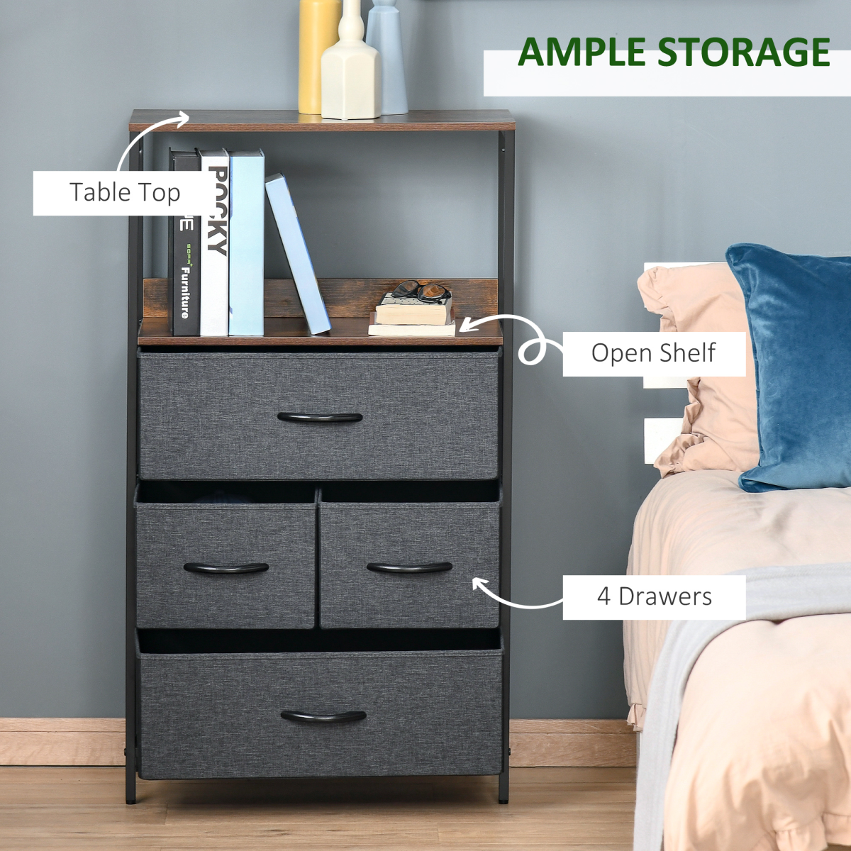 4 Drawer Storage Chest Unit with Top Shelves and Metal Frame – Living Room and Bedroom Storage, Black