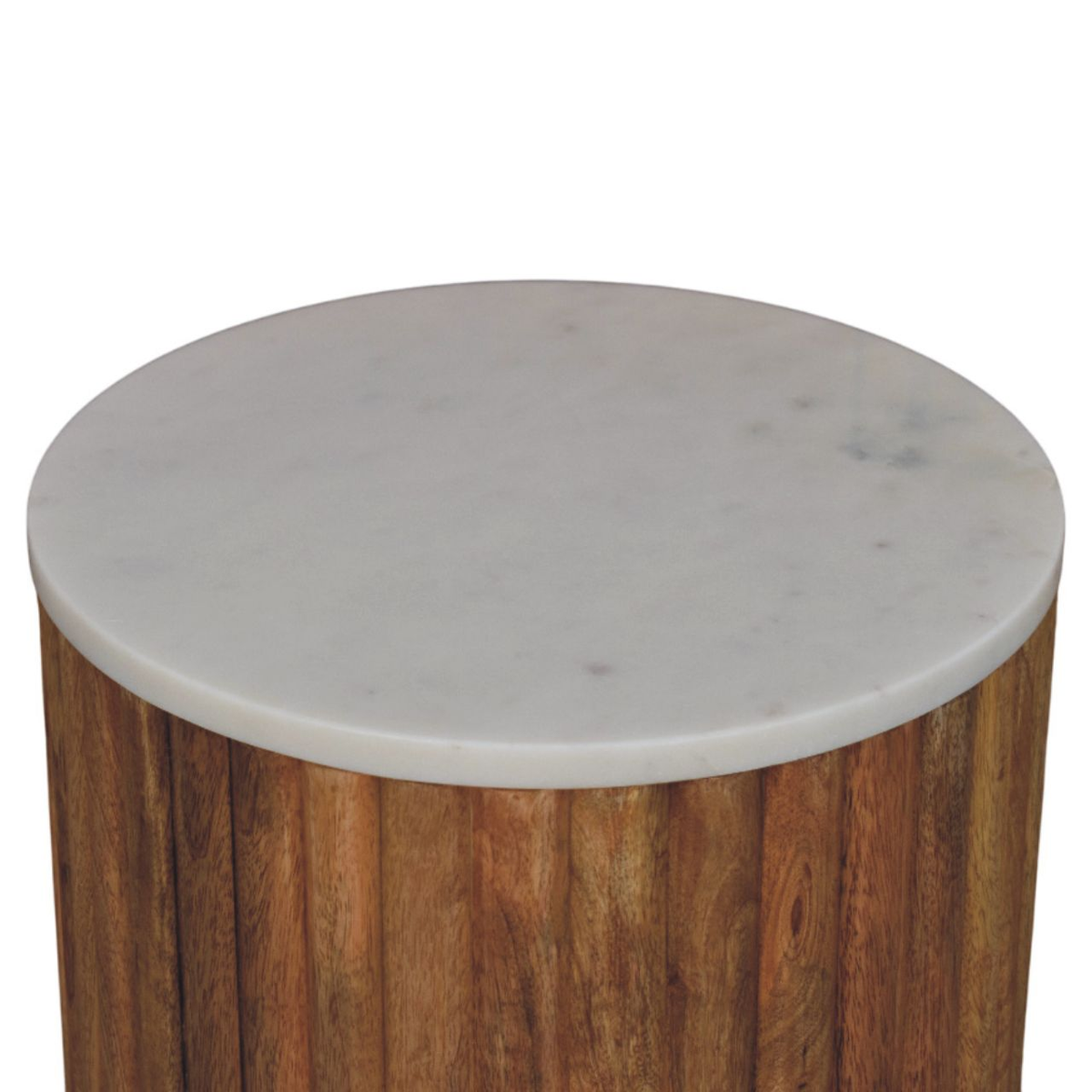 Artisan Furniture Solid Wood Fluted Side Table with Marble Top – Oakish Finish, Brown & White