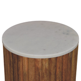 Artisan Furniture Solid Wood Fluted Side Table with Marble Top – Oakish Finish, Brown & White