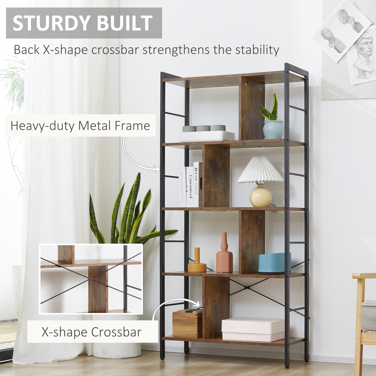 Industrial 5-Tier Storage Shelf Bookcase with Metal Frame – Floor Standing Display Rack, Brown and Black