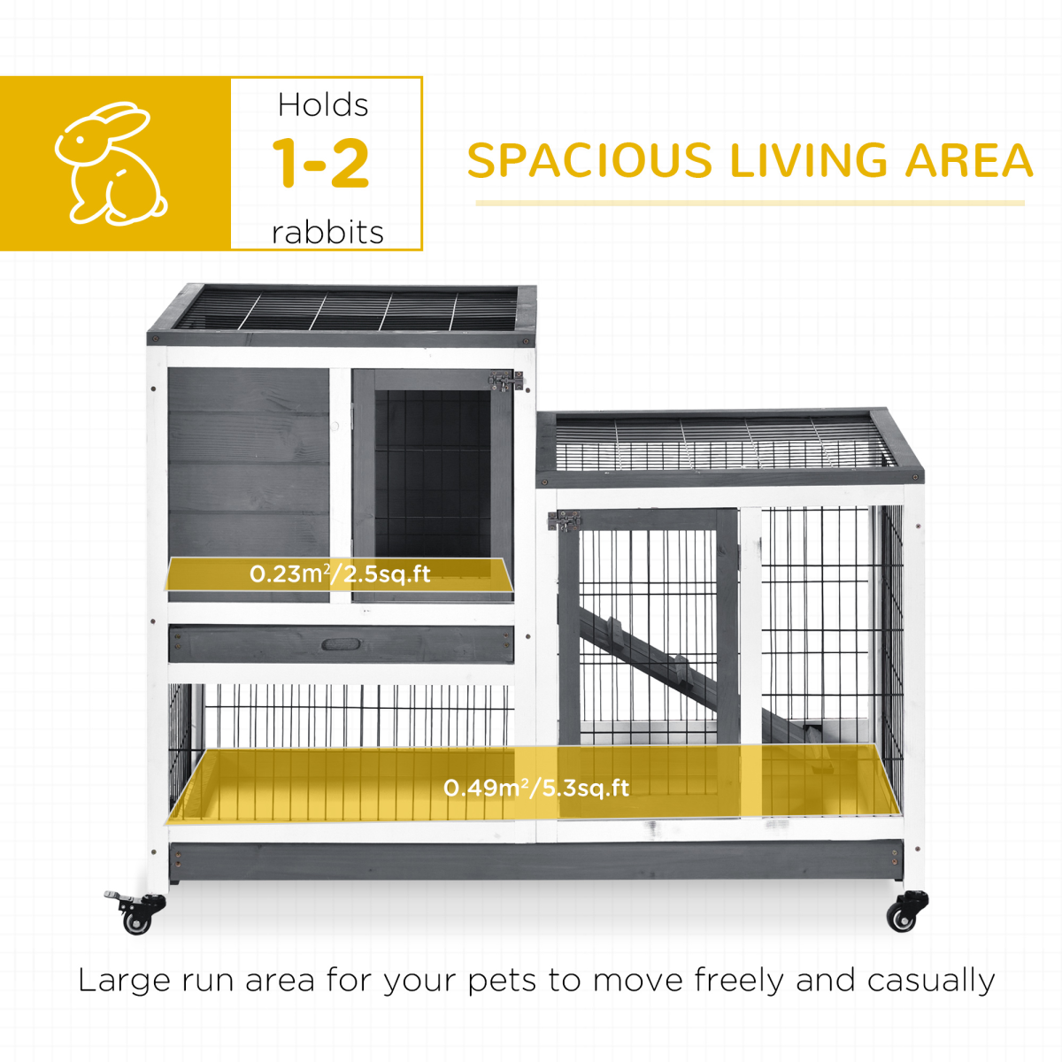 PawHut Wooden Two-Tier Rabbit Hutch with Wheels, Ramp and Slide-Out Trays – Indoor Guinea Pig House