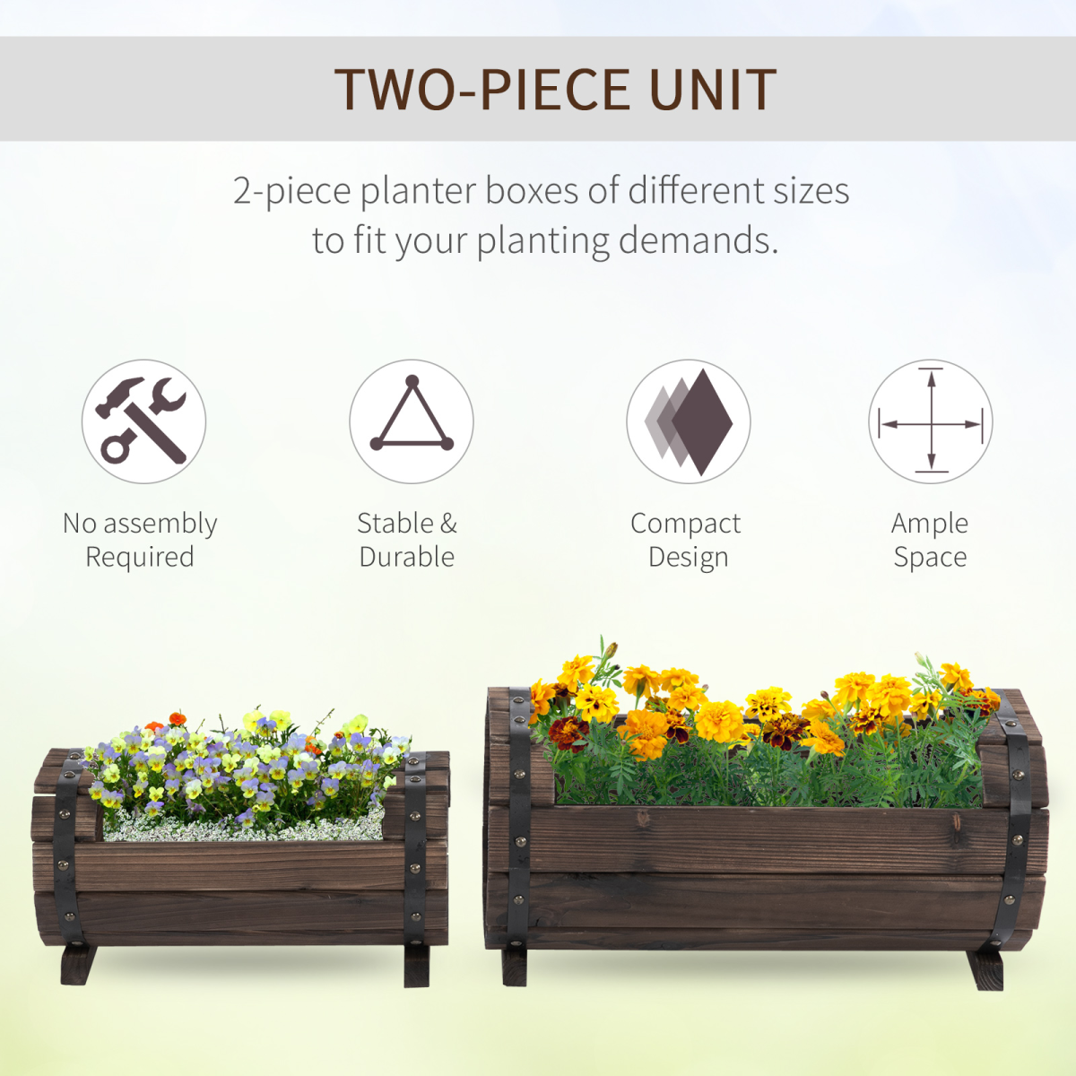 Outsunny Set of 2 Solid Wood Raised Planter Boxes – Carbonised Wooden Flower Beds for Garden, Patio and Balcony