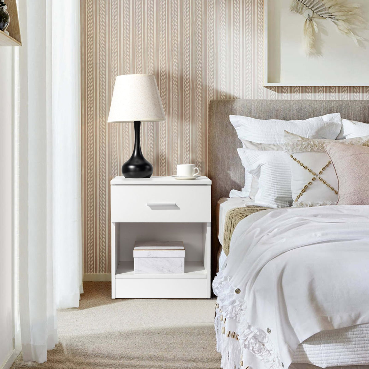 2-Tier Bedside Table with Drawer and Open Shelf – Modern Nightstand, White