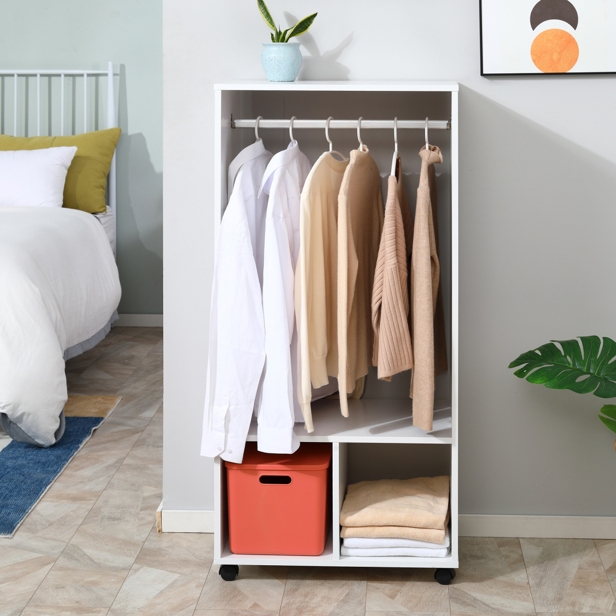 Open Wardrobe Clothes Rail with Hanging Rod, Shelves and 4 Lockable Wheels – Bedroom Storage, White