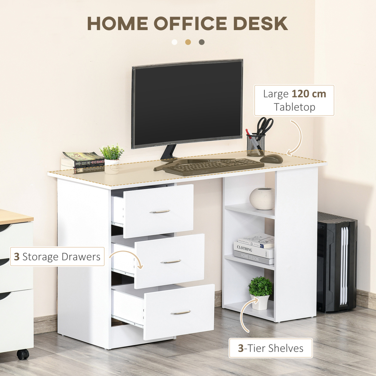 120cm Computer Desk with 3 Shelves & Drawers – Home Office Workstation, White