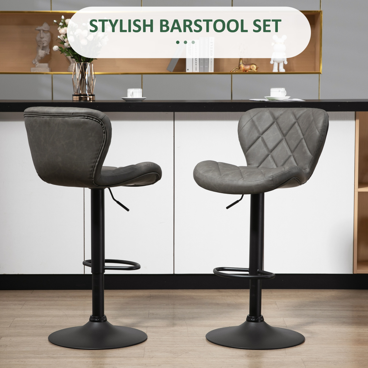 HOMCOM Adjustable Swivel Bar Stools, Set of 2 – Faux Leather Kitchen Island Stools with Footrest, Dark Grey