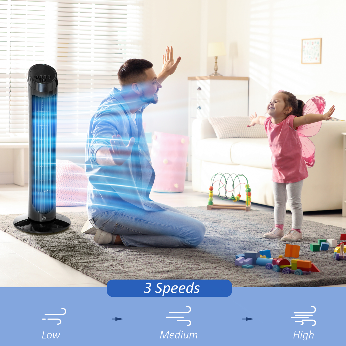 HOMCOM 30-Inch Quiet Tower Fan with 3 Speeds and Noise-Reduction Design – Bedroom & Office Cooling, Black
