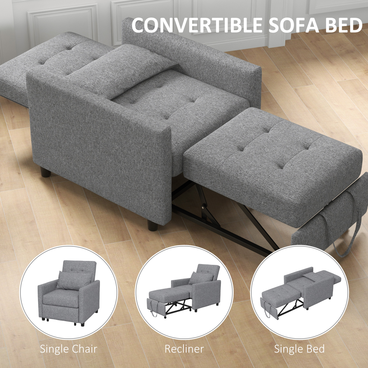 HOMCOM Convertible Tufted Single Chair Bed – Button-Tufted Padded Seating for Guest Rooms and Studios, Grey