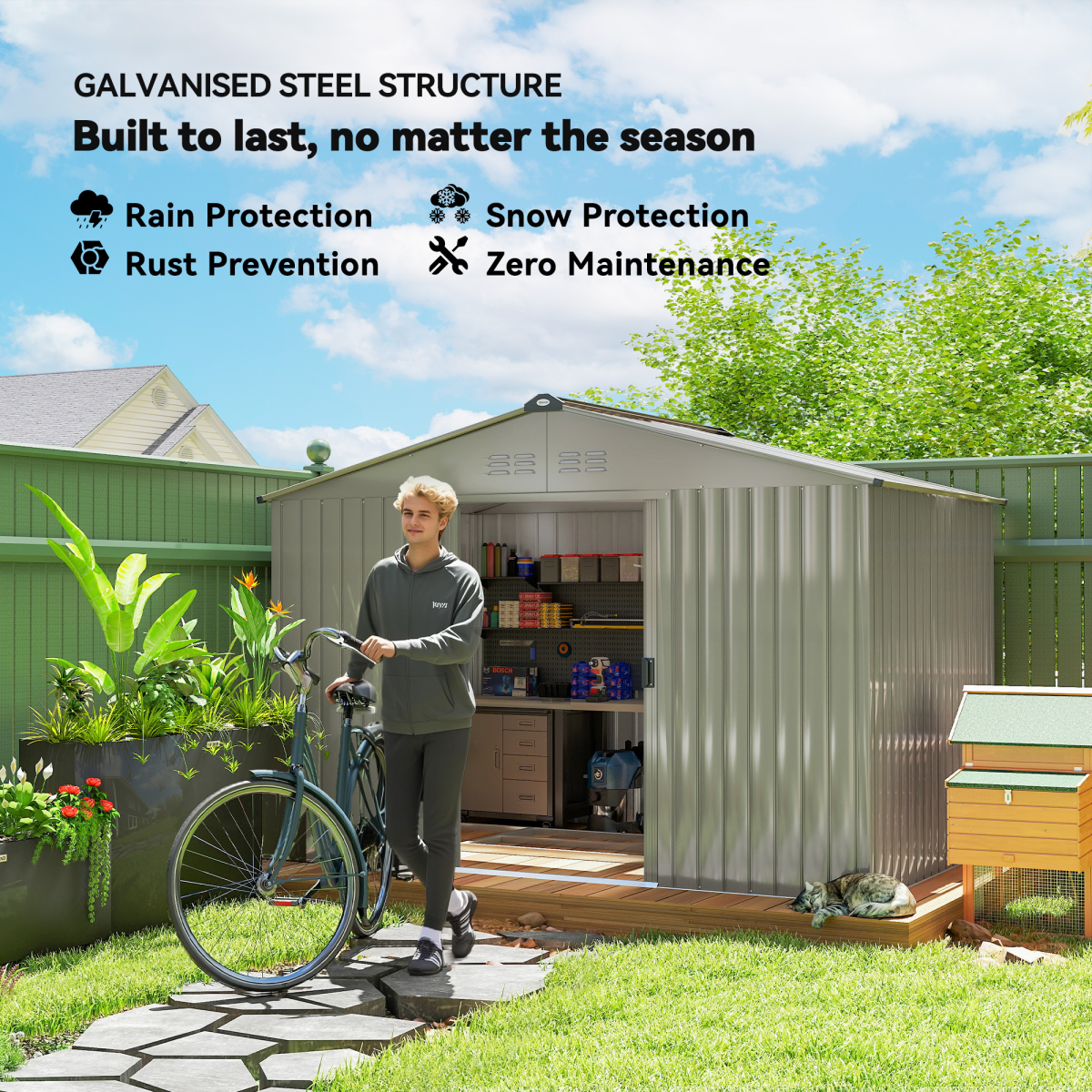 Outsunny 9x6ft Galvanised Steel Garden Shed with Sliding Lockable Double Door & Vents – Tool Storage, Silver Grey