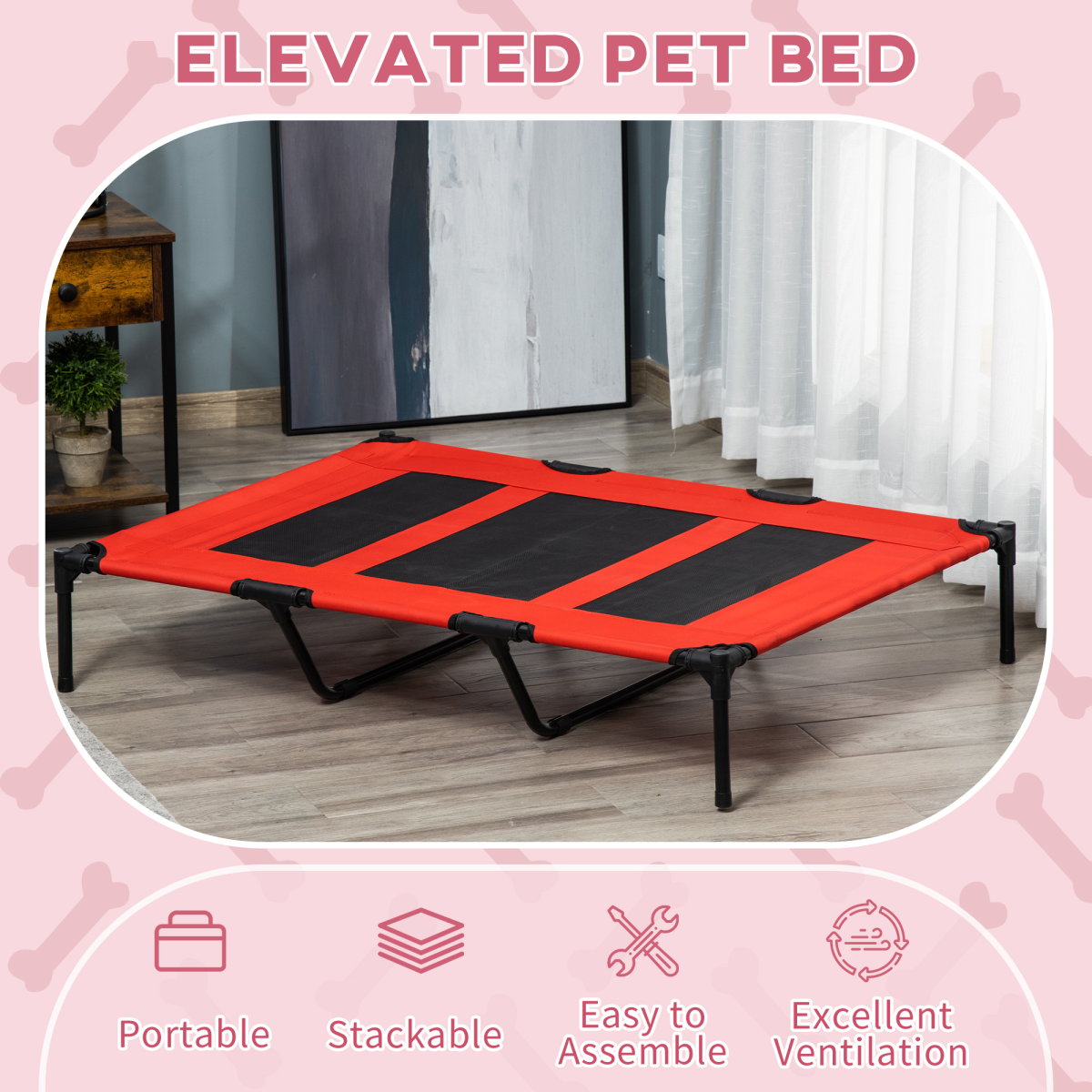 Pawhut Elevated Dog Bed with Raised Breathable Fabric Base – Portable Indoor and Outdoor Pet Cot, Red