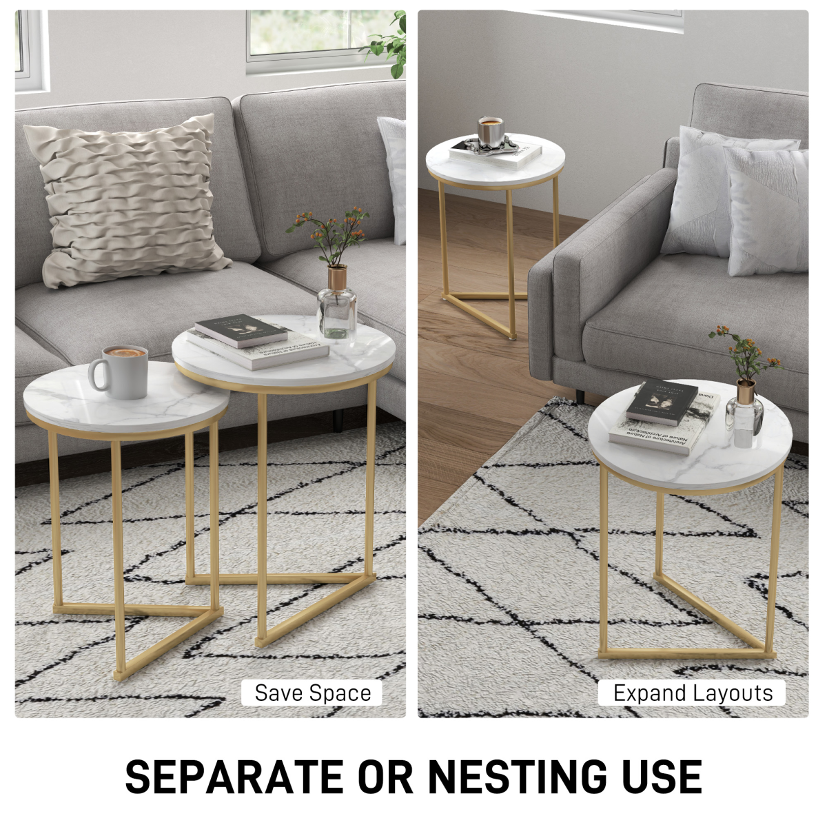 HOMCOM Nesting Coffee Table Set of 2 with Marble-Effect Tops and Gold-Tone Metal Frame – Living Room Side Tables