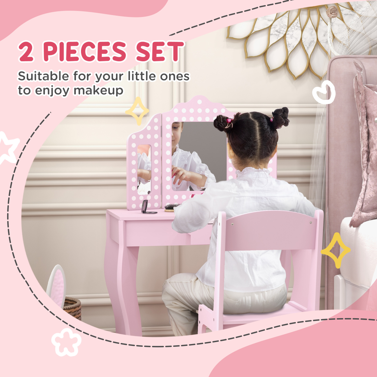 AIYAPLAY Kids Dressing Table Set with Tri-Fold Mirror, Stool and Drawer – Playroom Make Up Vanity, Pink