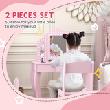 AIYAPLAY Kids Dressing Table Set with Tri-Fold Mirror, Stool and Drawer – Playroom Make Up Vanity, Pink