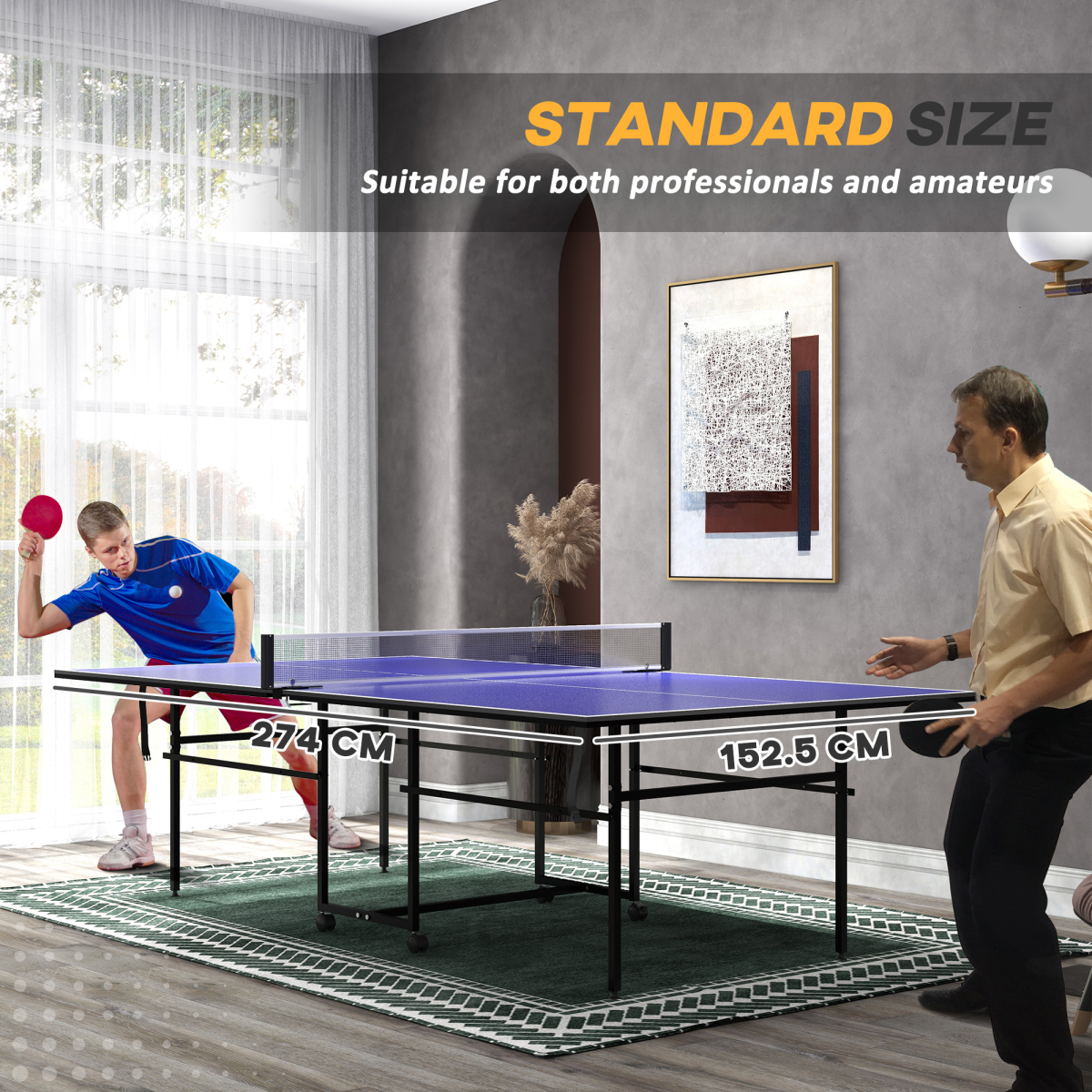SPORTNOW 9ft Folding Table Tennis Table with 4 Lockable Wheels, Net, 2 Paddles & 3 Balls – Indoor, Blue