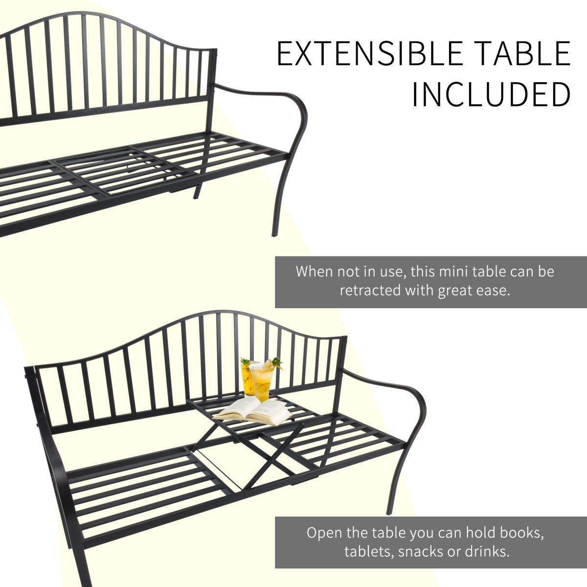 Outsunny Metal 2-Seater Garden Bench with Lift-Up Middle Table – Slatted Patio Seating for Park and Garden