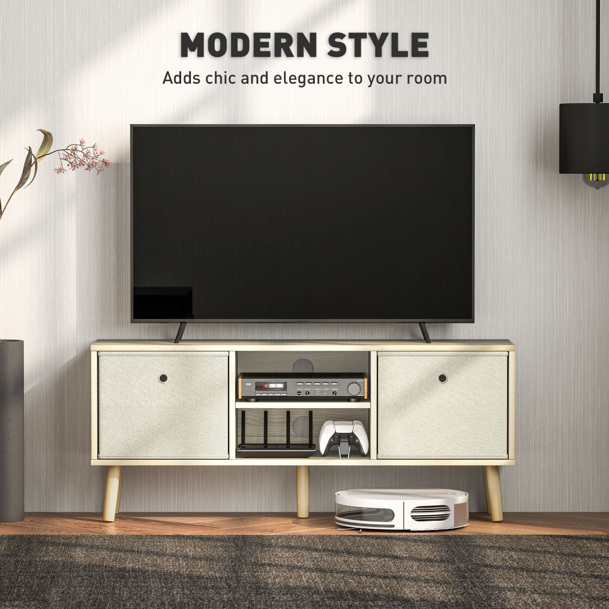 HOMCOM Modern TV Cabinet Stand with Two Removable Fabric Drawers and Shelves – Bedroom Media Unit, Natural