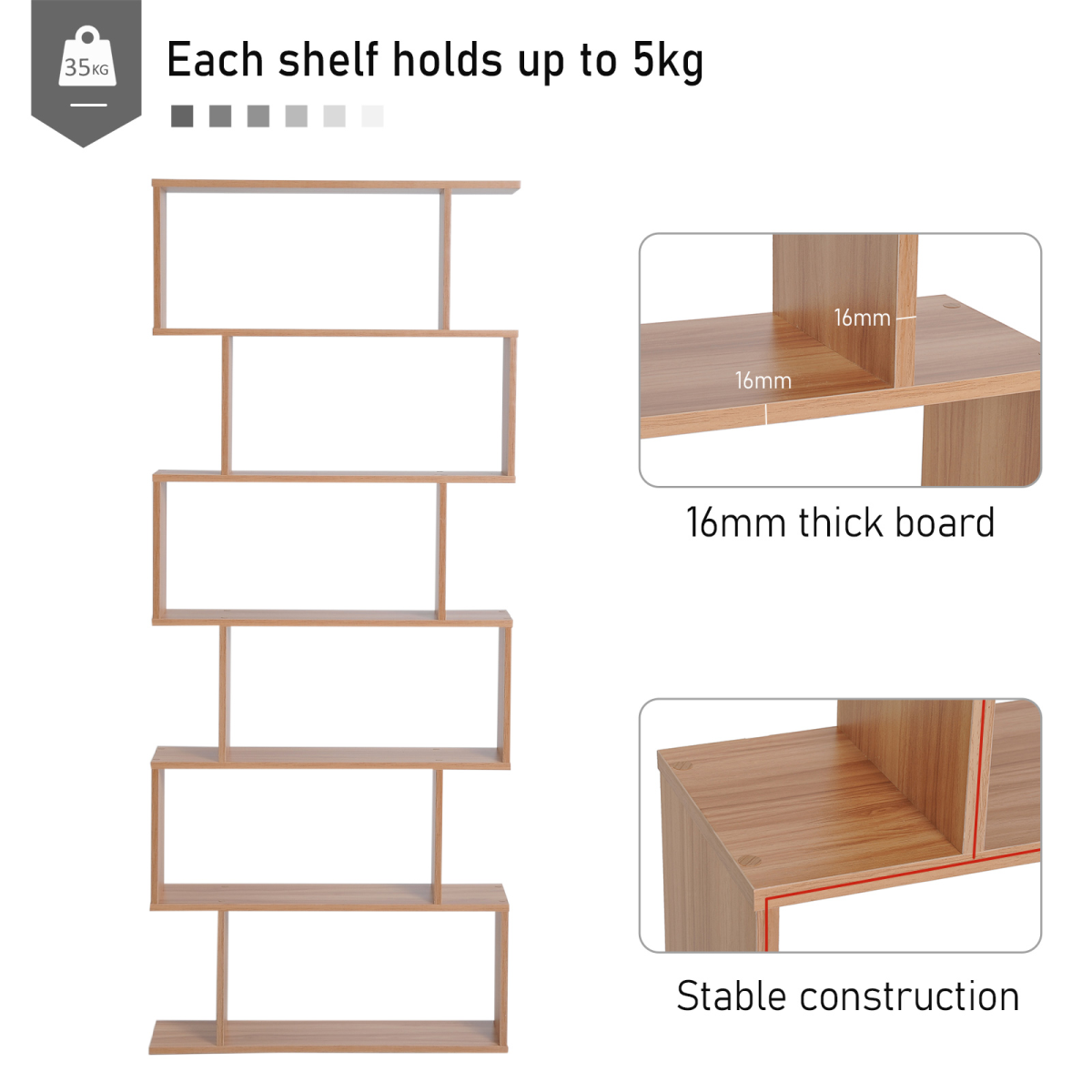 6-Tier Wooden S-Shaped Shelf Storage Unit – Distinctive Bookcase for Books & Décor, Maple