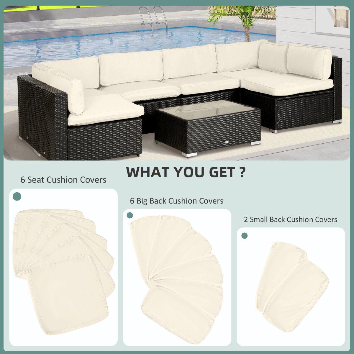 Outsunny Replacement Cushion Covers for Outdoor Rattan Furniture – Zip Fastening Polyester, Beige