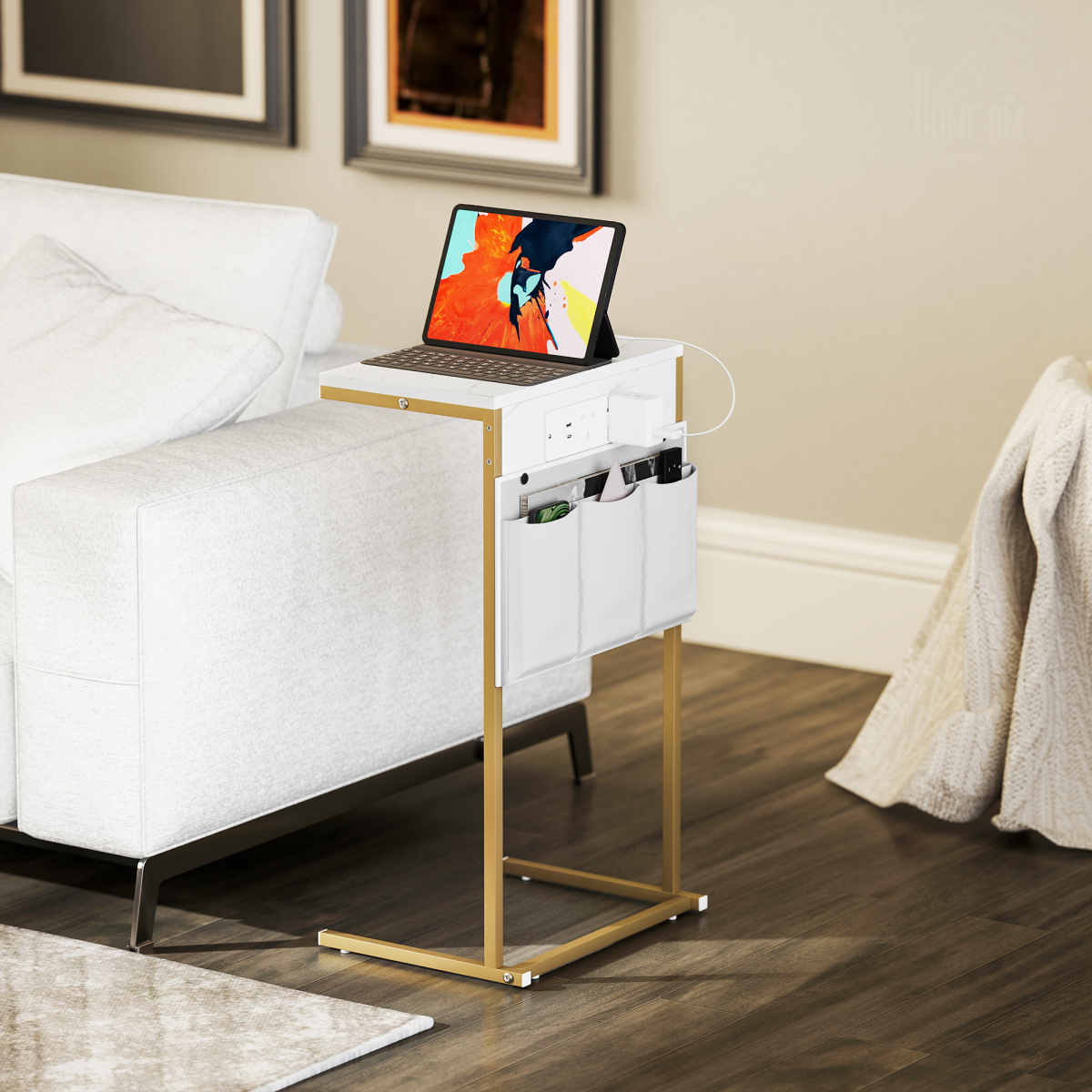 C-Shaped Side Table with Charging Station, USB Ports & Storage Bags – Sofa Side Table, White Marble Effect