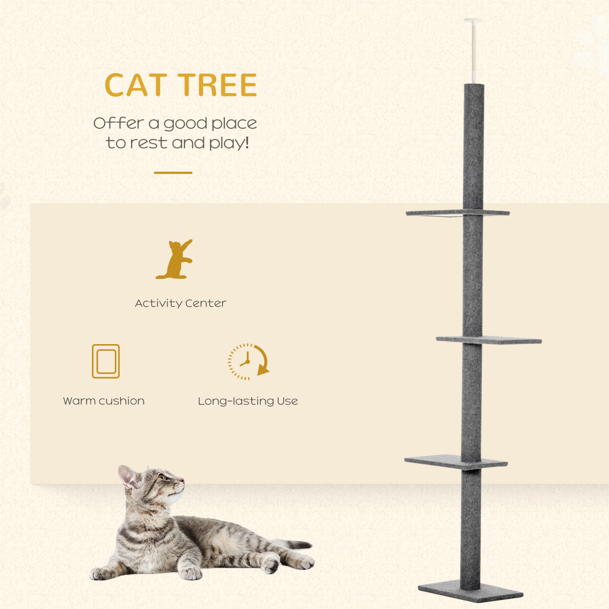 Pawhut Floor to Ceiling Cat Tree with Four Tiers, 220–260cm Adjustable Height – Plush Cat Climbing Tower, Grey