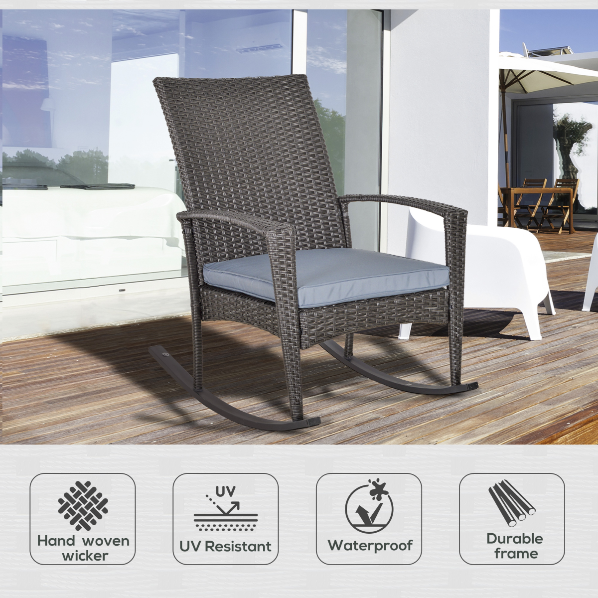 Outsunny PE Rattan Rocking Chair with Padded Cushion & Steel Frame – Outdoor Garden Seating, Grey