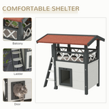 PawHut Outdoor Cat House with Balcony, Stairs and Asphalt Roof – Elevated Fir Wood Cat Shelter