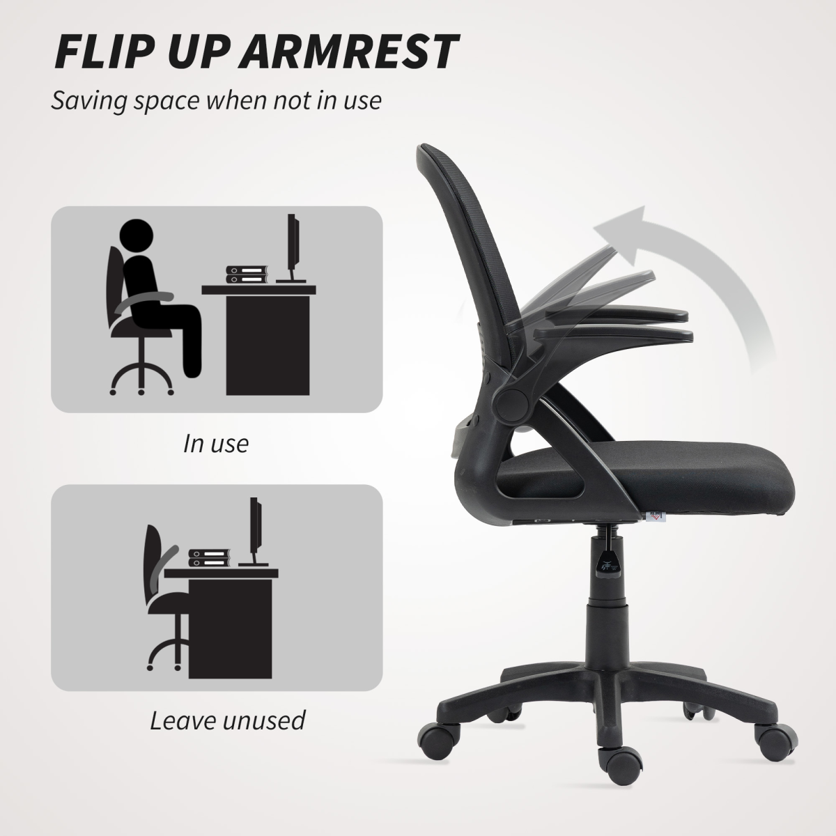 Breathable Mesh Office Chair with Flip-Up Arms & Curved Foam Back – Home Office Desk Chair, Black