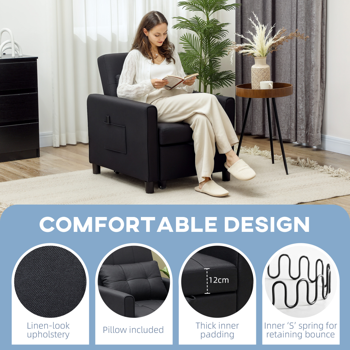 HOMCOM Folding Sleeper Chair Bed with Pillow & Side Pockets – Space-Saving Guest Bed, Black