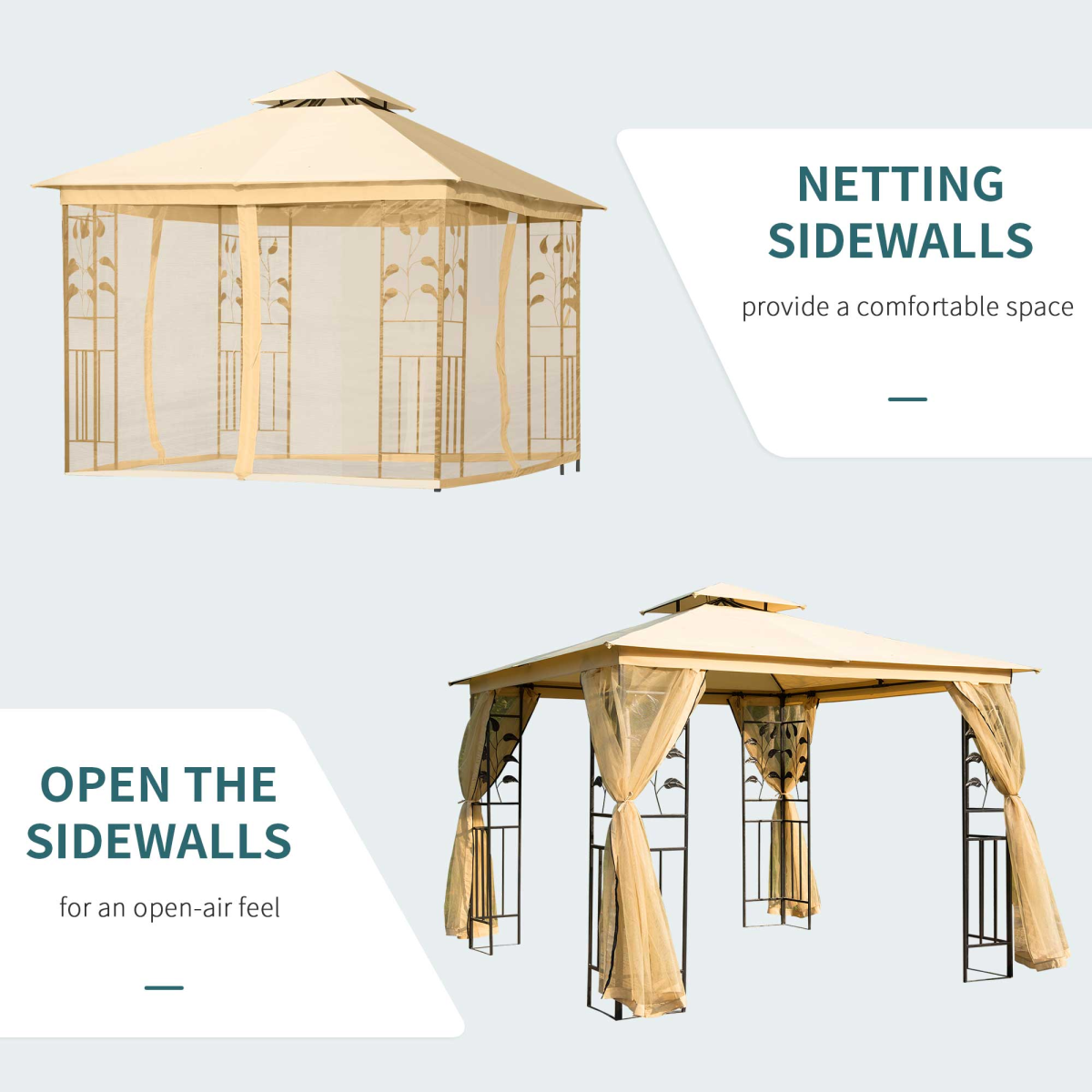 Outsunny 3x3m Double Tier Gazebo with Mesh Sidewalls & Steel Frame – Garden Party Netting Shelter, Beige