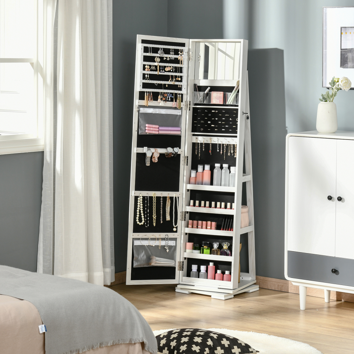 360° Swivel Lockable Jewellery Cabinet with Full Length Mirror & Back Shelves – Bedroom Storage