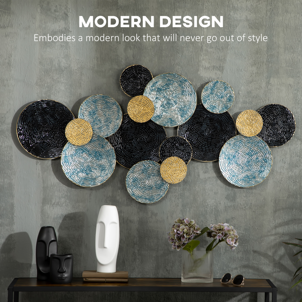 HOMCOM Multi-Disc Metal Wall Art Sculpture – 3D Modern Living Room Decor, Blue, Gold & Silver