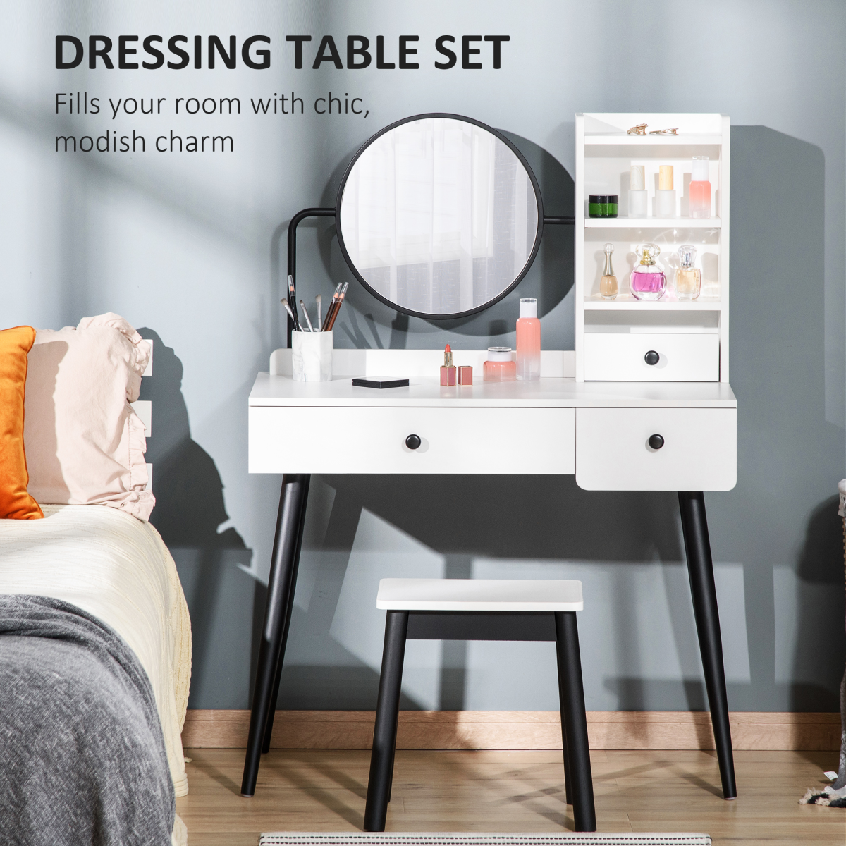 Dressing Table Set with 3 Drawers, Side Shelves, Mirror & Matching Stool – Bedroom Vanity, White