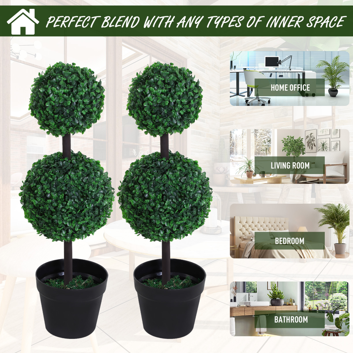 Artificial Double Boxwood Ball Topiary Trees – Set of 2, Green