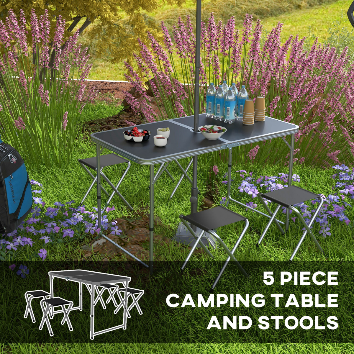 Outsunny Folding Camping Table and 4 Chairs Set with Adjustable Height & Parasol Hole – Aluminium, Black and Silver