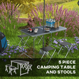 Outsunny Folding Camping Table and 4 Chairs Set with Adjustable Height & Parasol Hole – Aluminium, Black and Silver