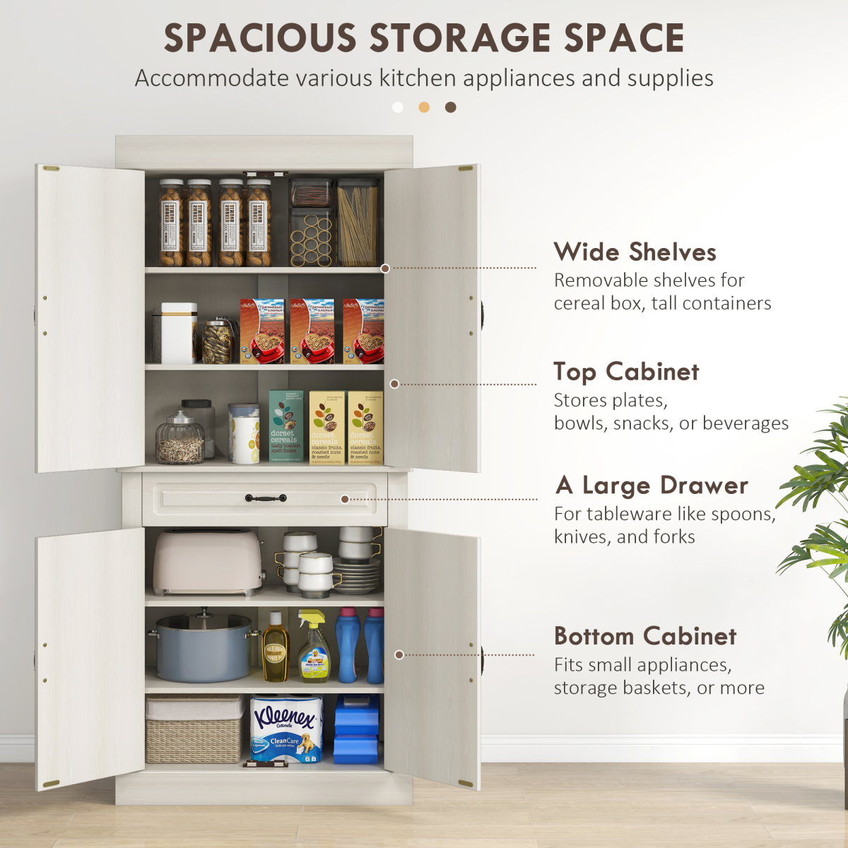 HOMCOM 180cm Kitchen Pantry Storage Cabinet with Central Drawer and Double-Door Cupboards – White
