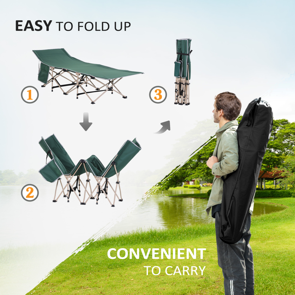 Outsunny Single Folding Camping Cot with Steel Frame, Side Pocket & Carry Bag – Portable Camp Bed, Green
