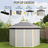 Outsunny 3 x 4m Hexagon Pop-Up Metal Gazebo with Six Mesh Curtains – Garden Party Tent, Khaki