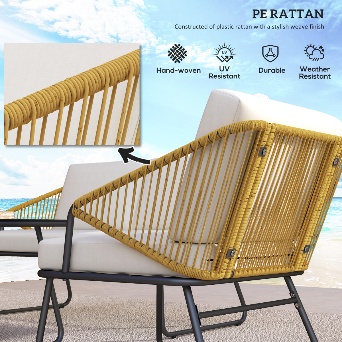 Outsunny 4-Piece PE Rattan Garden Furniture Set with Loveseat, Cushions & Glass Coffee Table, Natural
