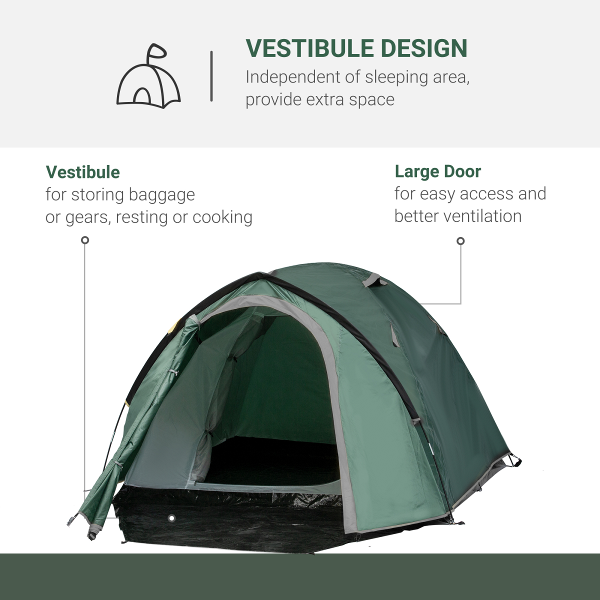 Outsunny 2–3 Person Compact Camping Tent with Vestibule & Mesh Vents – Double Layer Hiking Tent, Green
