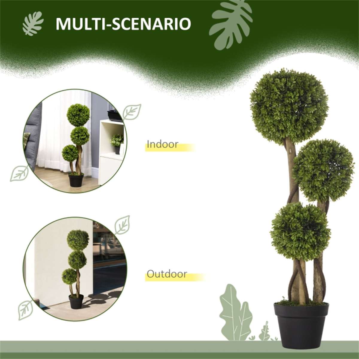 Artificial Three-Ball Boxwood Topiary Tree in Pot – Indoor & Outdoor Faux Plant Decor, Dark Green