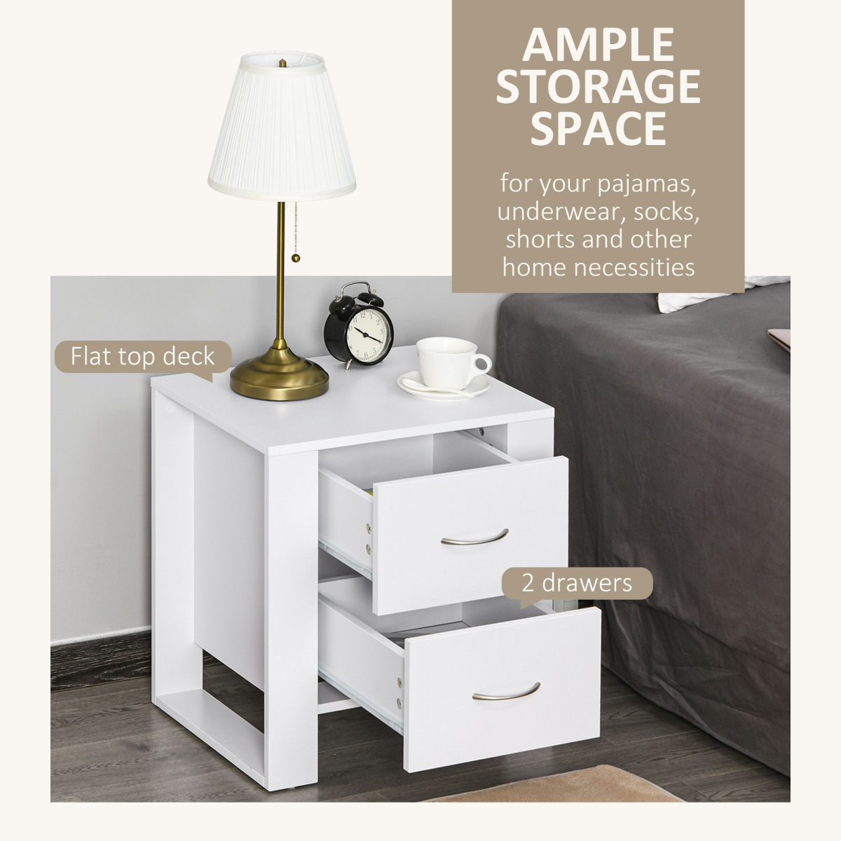 HOMCOM 2-Drawer Bedside Table with Silver-Tone Handles – Particle Board Bedroom Storage, White