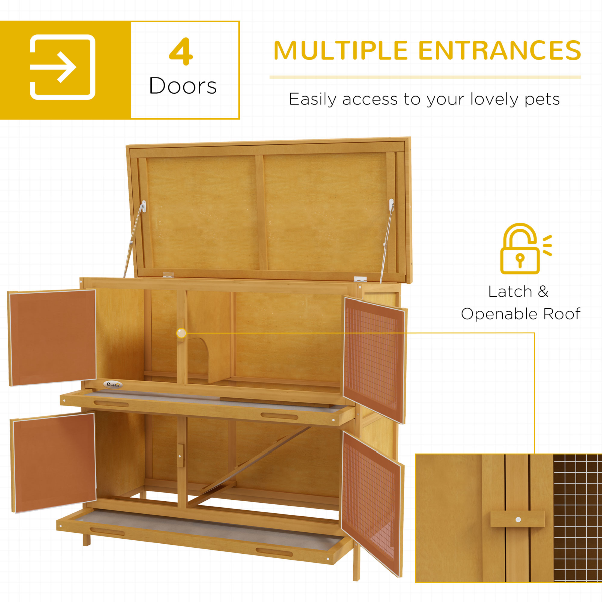PawHut Double Decker Wooden Rabbit Hutch with Ramp, Trays and Asphalt Roof – Outdoor Bunny Cage, Yellow