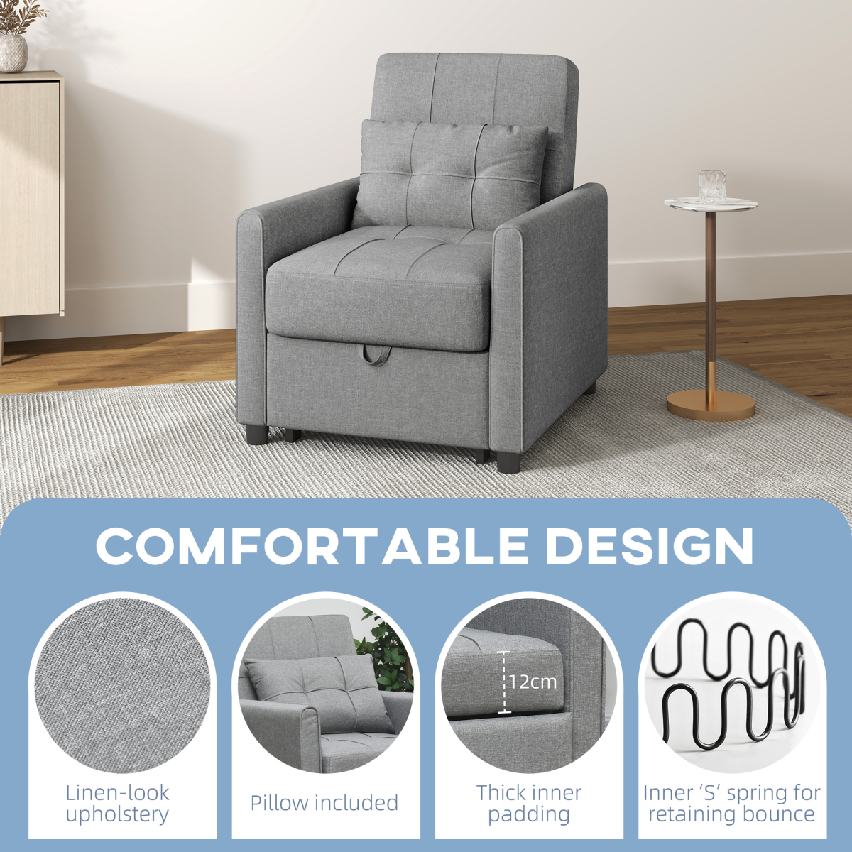 HOMCOM Pull-Out Sleeper Chair Bed with Pillow & Side Pockets – Single Guest Bed, Padded Upholstery, Light Grey